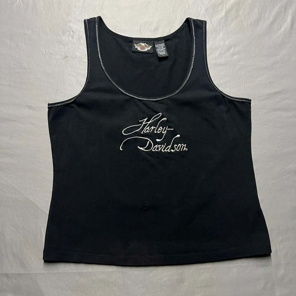 Harley Davidson Tank Top Size L Black Embroidered Logo
Y2K biker core grunge